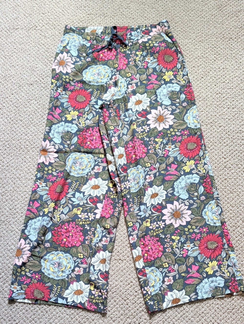 Wide Leg Elastic Drawstring Floral Garden Multicolor Palazzo Pants with Pockets - Picture 5 of 12
